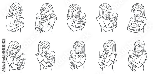 A collection of illustrations depicting a mother holding her baby in various loving poses in simple outline vector style, perfect for parenting and family themes