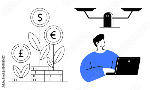 Finance, investment, global economy, work productivity, currency management, financial decisions. Currency symbols growing as plants, scales and a person at a laptop. Finance and investment concepts