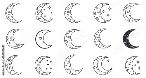 A collection of twelve moon illustrations with various phases and designs in a whimsical black and white outline style, perfect for decorative purposes