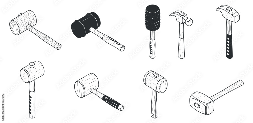 Obraz premium A collection of various hammers including claw, rubber, and mallets in black and white outline vector style, suitable for tool catalogs or DIY projects