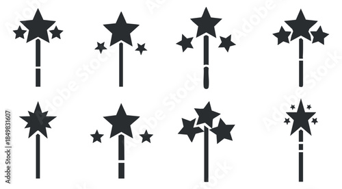 A set of magic wands with star shapes and sparkles in black vector style, perfect for children's party designs