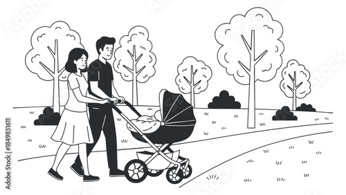A couple walking with a baby stroller in a park, illustrated in black and white minimalist vector style, perfect for family and parenting themes