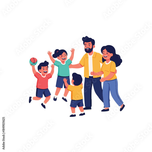 Illustration of a happy family with two children playing with a ball while parents watch with smiles on a plain white background.
