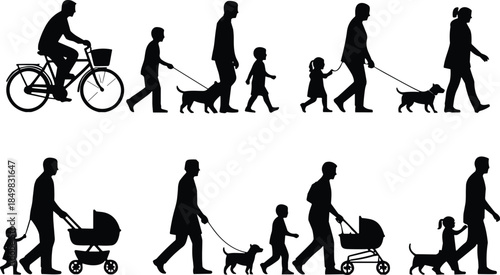 Set of black silhouettes showing people walking with dogs riding a bicycle and pushing baby strollers for family lifestyle and community concepts