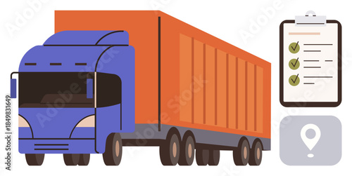 Cargo truck carrying goods with checklist and map pin. Ideal for transportation, delivery, logistics, shipment, inventory, supply chain, business operations. A simple flat metaphor