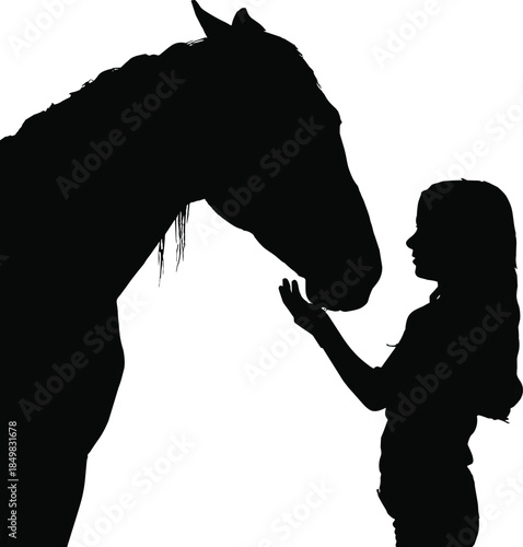 Black silhouette of a young girl bonding with a horse representing friendship animal care trust nature and equestrian lifestyle in countryside