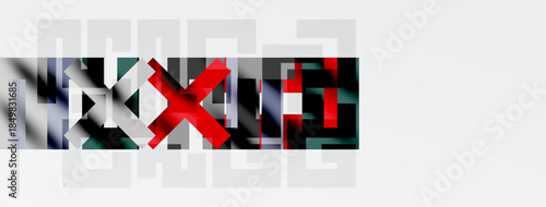 Abstract geometric composition. Rectangles overlap, creating complex visual texture. Red, gray, black dominate palette. Minimalist design.