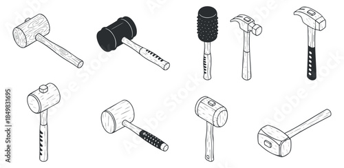 A collection of various hammers including claw, rubber, and mallets in black and white outline vector style, suitable for tool catalogs or DIY projects