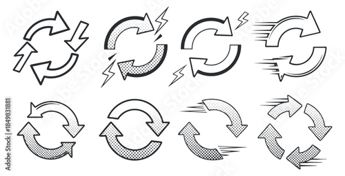 A collection of nine different arrow loop icons in black and white outline vector style, ideal for graphic design and branding projects