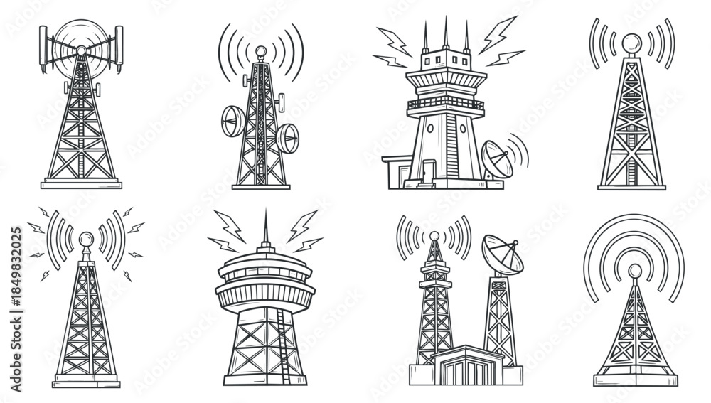 Fototapeta premium A collection of various communication towers and antennas in outline vector style, suitable for technology and engineering projects