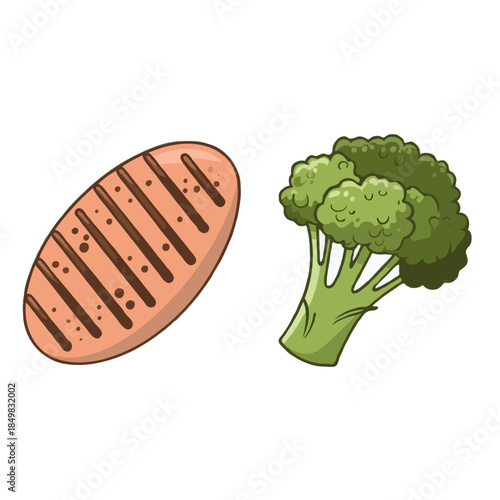 A delicious grilled steak with char marks and a fresh head of broccoli presented isolated on white background