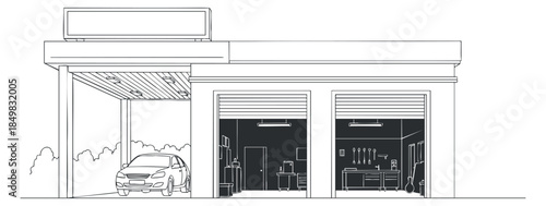 A modern garage exterior with a car parked outside and tools visible inside, in clean black and white outline vector style, suitable for automotive services and home improvement projects