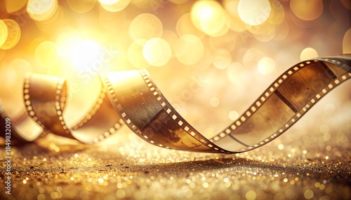 Captivating vintage cinema film strip gracefully unspooling across a shimmering golden bokeh background, evoking the timeless magic of film awards and cinematic celebrations with elegant light effects