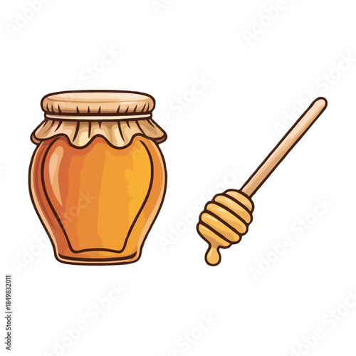 Hand drawn illustration of a glass jar filled with golden honey and a wooden honey dipper isolated on white background