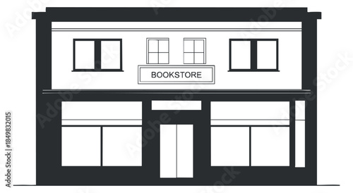 A simplistic illustration of a bookstore storefront in black and white minimalist vector style, ideal for educational or retail design projects