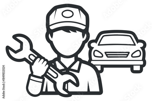A mechanic holding a wrench next to a car in simple outline vector style, suitable for automotive service branding