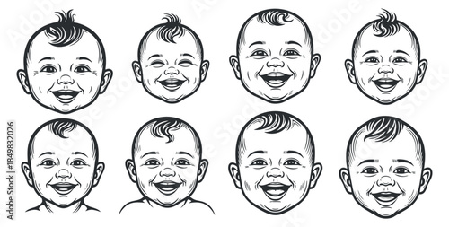 A collection of baby face illustrations showcasing various expressions and emotions in black and white outline vector style, ideal for children's products and designs