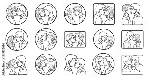 A set of outline vector icons depicting couples kissing and showing affection in a minimalist style, perfect for romantic designs and illustrations