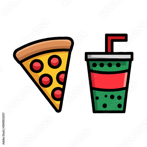 A delicious slice of pepperoni pizza and a refreshing green soda cup with a red stripe and straw isolated on white background