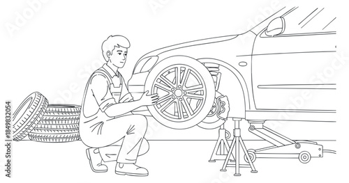 A mechanic working on a car tire in a black and white outline vector style, ideal for automotive service illustrations
