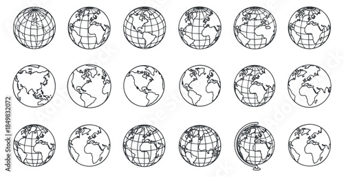 A collection of globe illustrations in outline vector style, suitable for educational materials and travel-themed designs