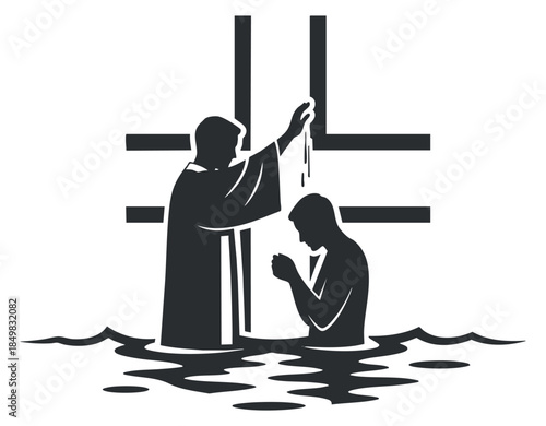 A baptism scene depicting a minister performing a ritual over a believer in black and white vector style, suitable for religious themes and spiritual projects