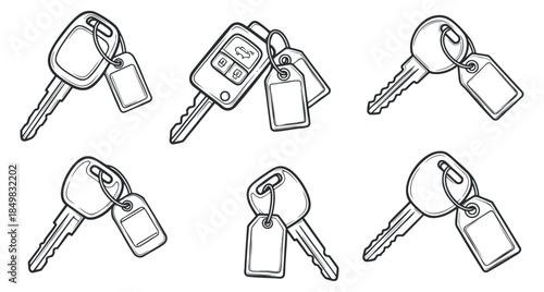 A set of various key designs including car keys and key fobs in minimalist outline vector style, suitable for security and home services branding