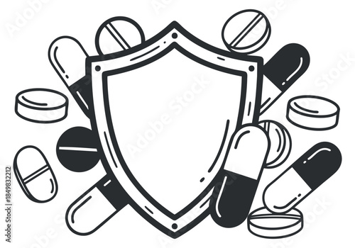 A shield surrounded by various pills and capsules in black and white outline vector style, ideal for healthcare and pharmaceutical designs
