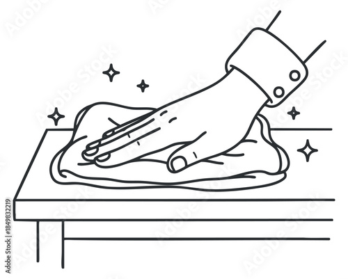 A hand wiping a surface with a cloth in minimalist outline vector style, ideal for cleaning service branding