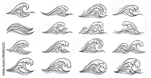 A collection of stylized waves in black and white line art vector style, perfect for nautical-themed designs