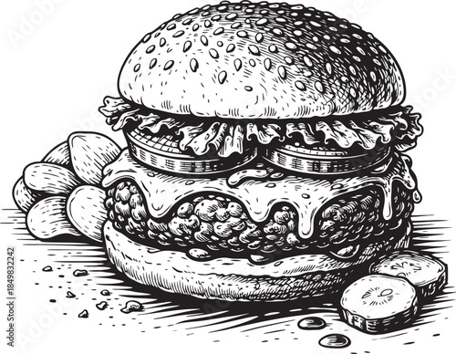 Classic cheeseburger with pickles linocut etching food illustration for fast food menu