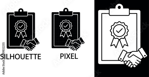 Minimalist and pixel black and white vector icon representing a certified business agreement