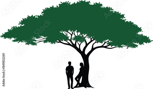 Silhouette of a romantic couple standing and leaning under a large green leafy tree representing love nature peace and relaxation