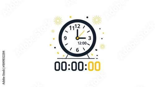 New year midnight clock striking twelve with festive fireworks and sparkles