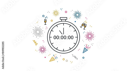 New year countdown timer with colorful fireworks and party decorations around it on white background