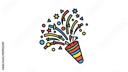 Colorful illustration of a striped party popper exploding with vibrant shapes and stars on white background