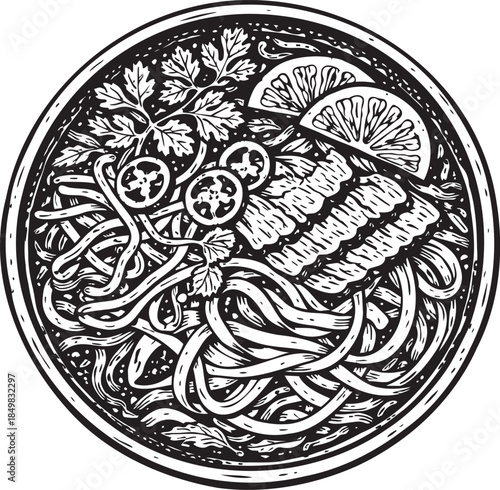 Grilled fish pasta plate linocut etching food illustration for seafood menu