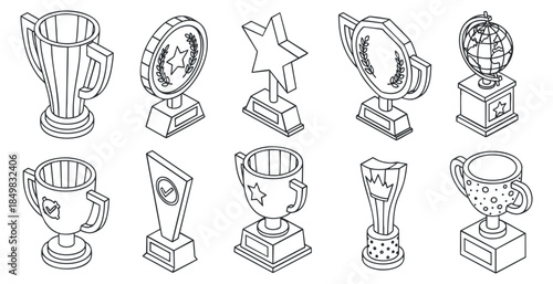 A collection of various trophies and awards in outline vector style, suitable for sports events and recognition designs