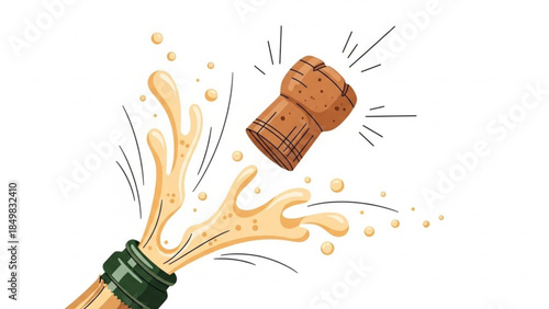 Champagne bottle cork popping with splashing liquid on white background