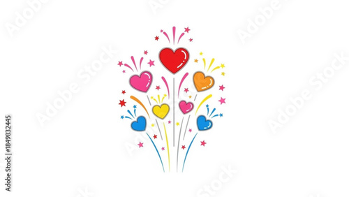 Colorful heart shaped balloons and stars on white background for love and celebration