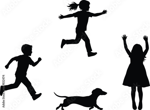 Set of happy children silhouettes running jumping and playing with a dachshund dog for childhood fun active lifestyle and education concepts