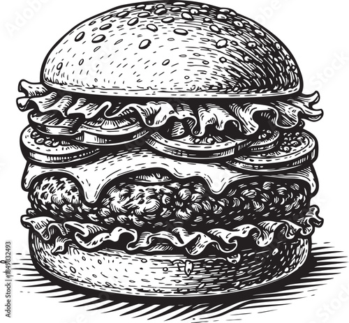 Classic cheeseburger linocut etching food illustration for fast food menu