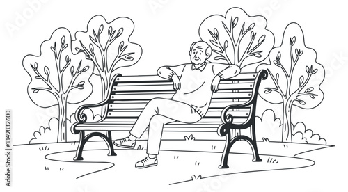 A man sitting on a park bench surrounded by trees in a black and white outline illustration, ideal for lifestyle and wellness themes