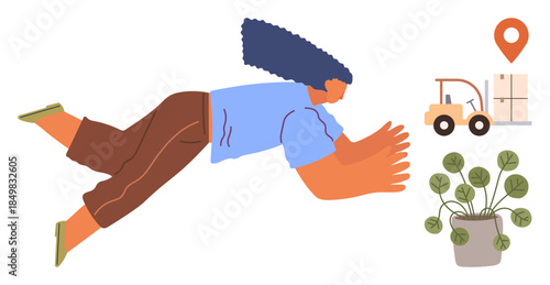 Woman reaching forward energetically alongside a forklift with boxes, a location marker, and a potted plant. Ideal for logistics, delivery, goal setting, precision, teamwork, growth aspiration