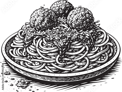 Spaghetti meatballs plate linocut etching food illustration for italian menu