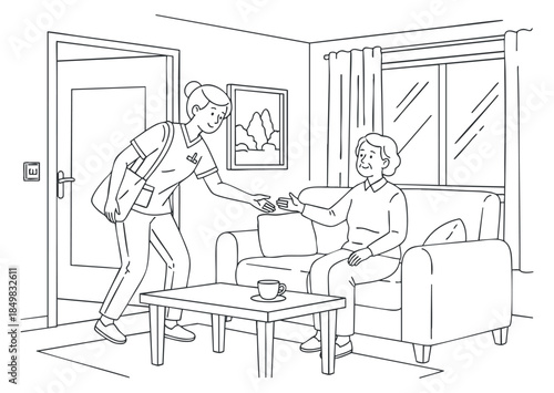 A caregiver interacting with a client in a cozy living room in clean outline vector style, ideal for healthcare and home service branding