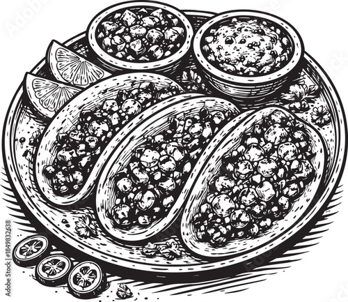 Stuffed tacos platter linocut etching food illustration for mexican menu design