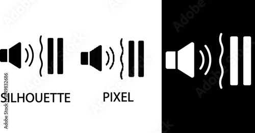 Minimalist and pixel black and white icon depicting soundproofing or noise reduction technology