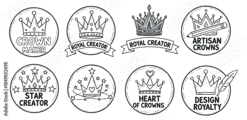 A collection of crown-themed badges and logos in outline vector style, suitable for design projects and branding.