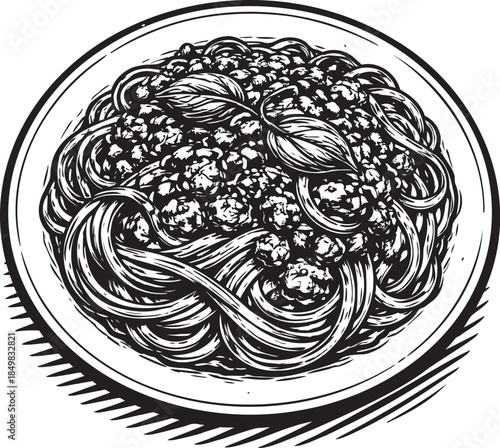 Spaghetti bolognese plate linocut etching food illustration for italian restaurant menu